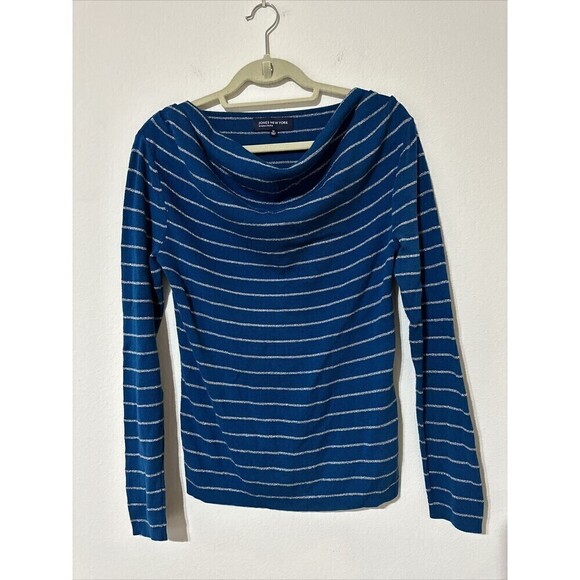 Jones New York Signature Cowl Neck Pullover Sweater Teal Blue Silver Striped M - Picture 1 of 6